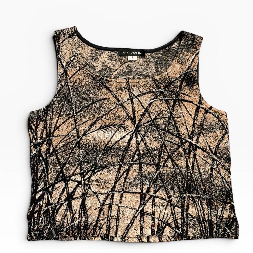 St John Knit Tank Top Small Gold Black Abstract Branch Sleeveless Shell‎ USA